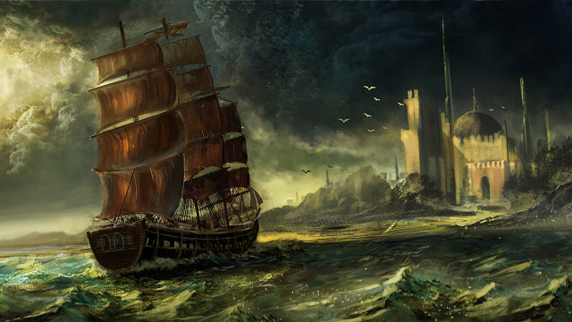 Ship castle ocean horizon fantasy free wallpaper for desktop - medium preview image