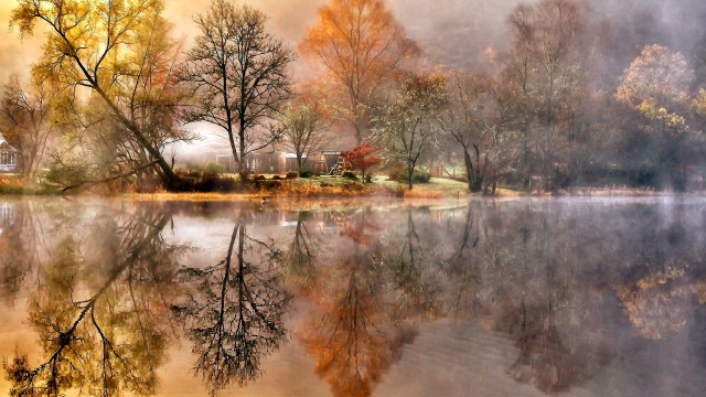 Lake foggy forest autumn reflections free wallpaper for desktop - medium preview image