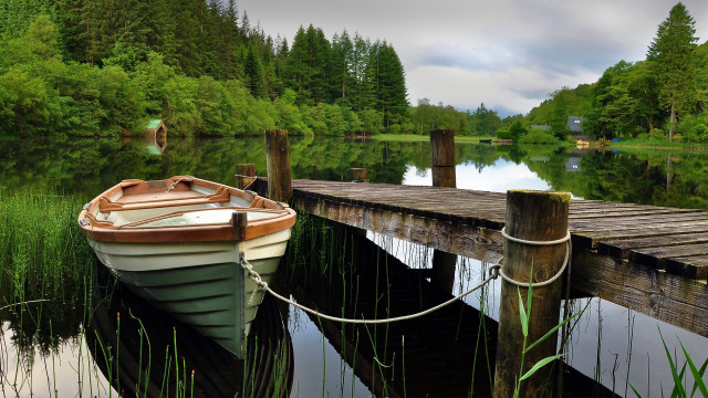 Lake dock boat forest garden free wallpaper for desktop - medium preview image