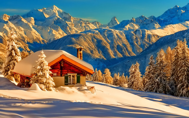 Snowy mountain cabin landscape evgeny free wallpaper for desktop - medium preview image