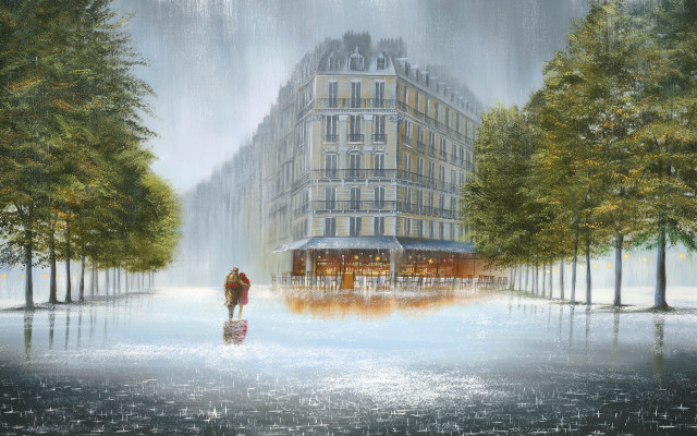 Rainy cityscape cafe architecture portrait free wallpaper for desktop - medium preview image
