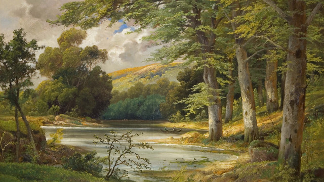 River forest sky nature painting free wallpaper for desktop - medium preview image