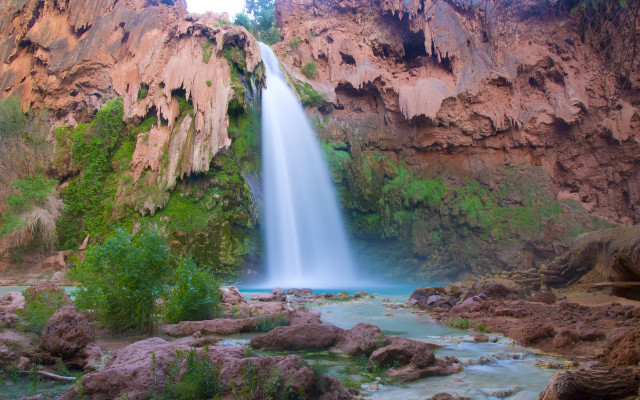 Waterfall canyon vegetation rocks nature free wallpaper for desktop - medium preview image