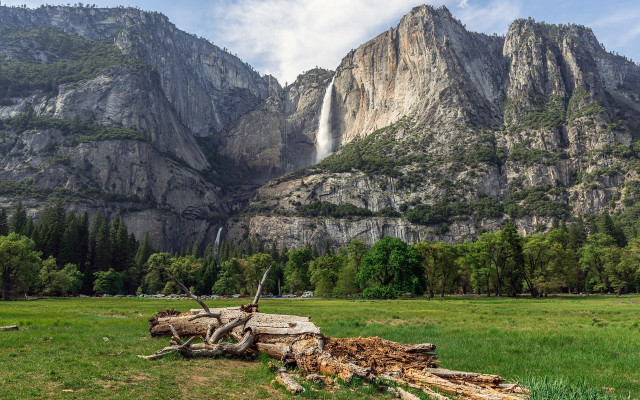 Mountain waterfall field trees grass free wallpaper for desktop - medium preview image