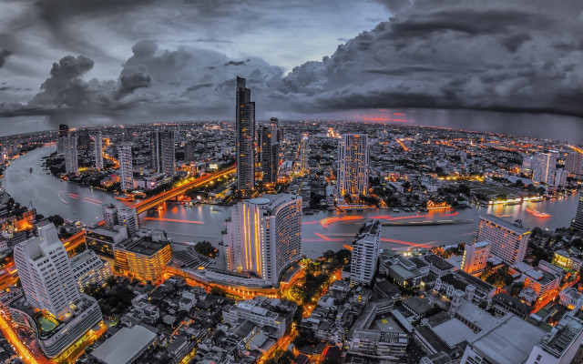Cityscape river cloudy night lights free wallpaper for desktop - medium preview image