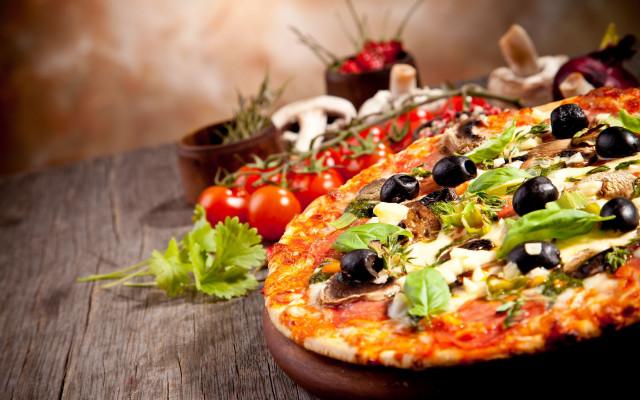 Pizza olives tomatoes herbs wooden free wallpaper for desktop - medium preview image