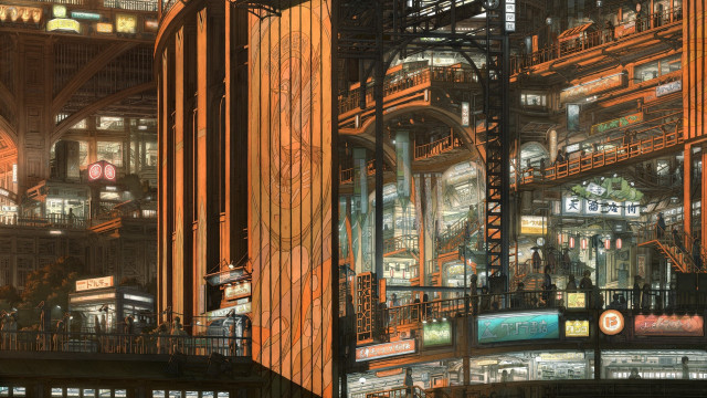 Futuristic city lights clock tower #2 free wallpaper for desktop - medium preview image