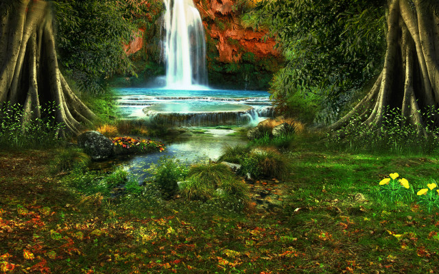 Waterfall forest flowers stream autumn free wallpaper for desktop - medium preview image