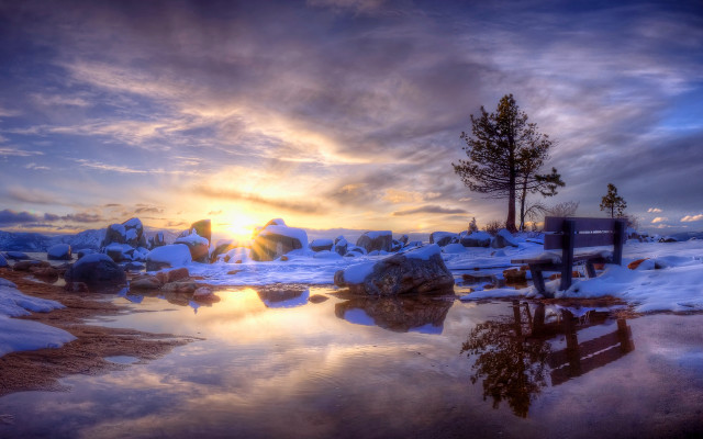Sunset snowy landscape bench trees free wallpaper for desktop - medium preview image