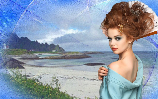 Blue dress umbrella beach fantasy free wallpaper for desktop - medium preview image