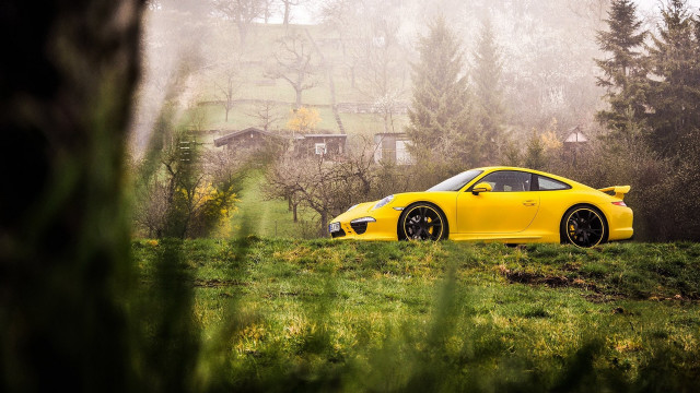 Yellow sports car foggy field free wallpaper for desktop - medium preview image