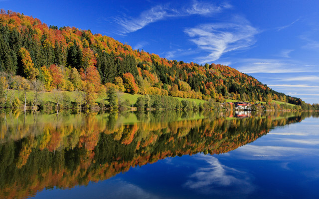 Lake trees house blue sky free wallpaper for desktop - medium preview image