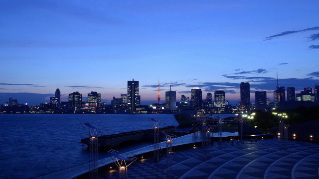 Cityscape night lake reflection skyscraper free wallpaper for desktop - medium preview image