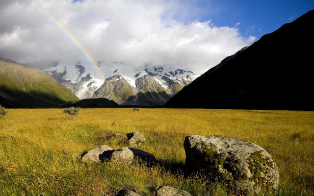 Rainbow mountains grassy field landscape free wallpaper for desktop - medium preview image