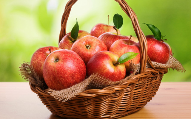 Basket apples green leafy background free wallpaper for desktop - medium preview image