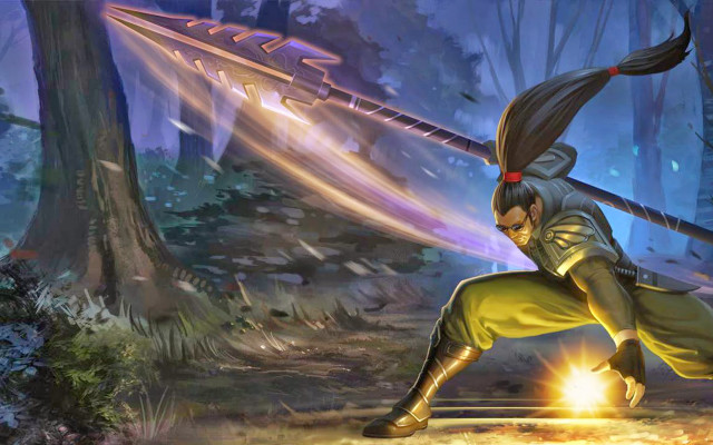 Man yellow outfit sword forest free wallpaper for desktop - medium preview image