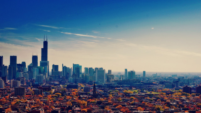 City skyline autumn bridge tower free wallpaper for desktop - medium preview image