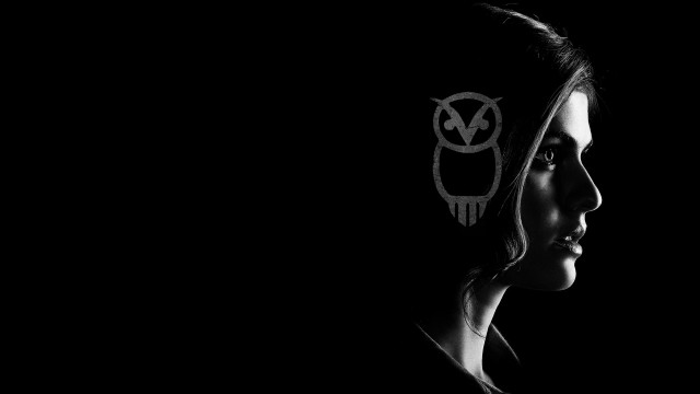 Woman owl helmet monochrome profile free wallpaper for desktop - medium preview image