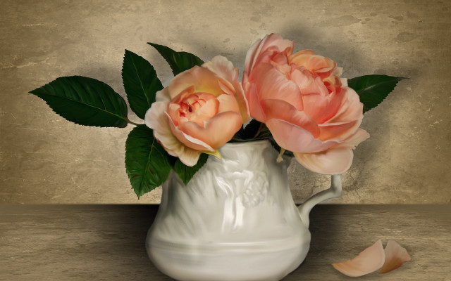Pink flowers white vase leaves free wallpaper for desktop - medium preview image