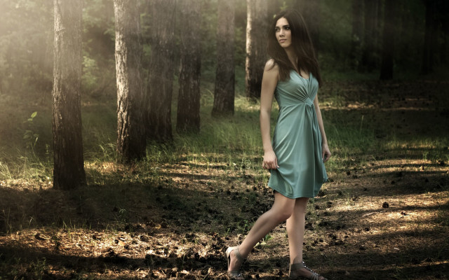 Woman dress forest sunlight matte free wallpaper for desktop - medium preview image