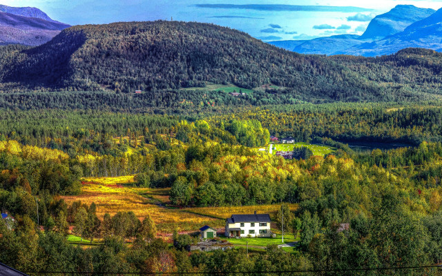House forest mountains blue sky free wallpaper for desktop - medium preview image