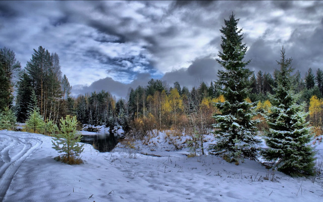 Snowy landscape trees river cloudy free wallpaper for desktop - medium preview image