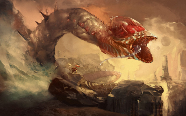 Giant monster attack river fantasy free wallpaper for desktop - medium preview image