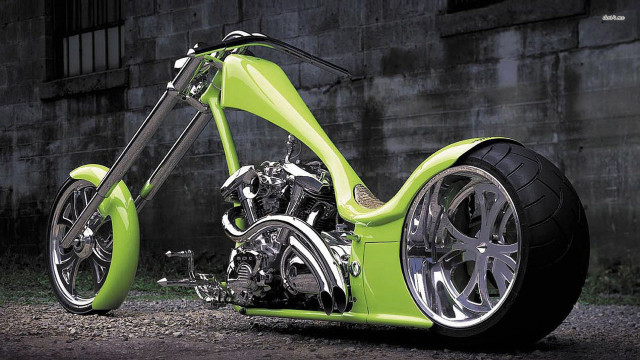 Green motorcycle parked building black free wallpaper for desktop - medium preview image