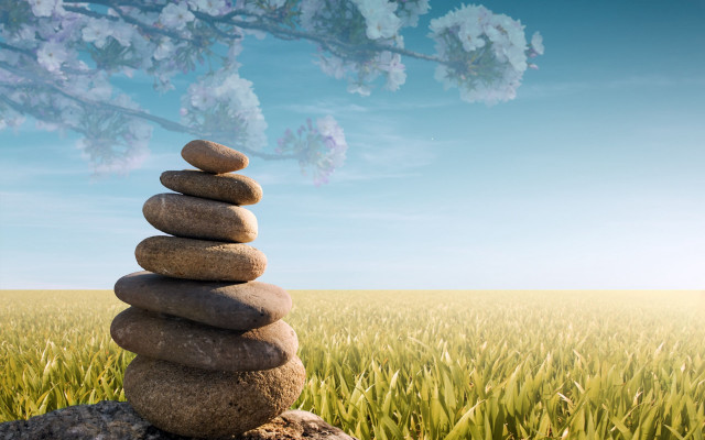 Stacked rocks grass field tree free wallpaper for desktop - medium preview image