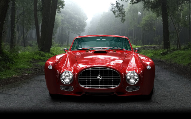 Red car woods fog photorealistic free wallpaper for desktop - medium preview image