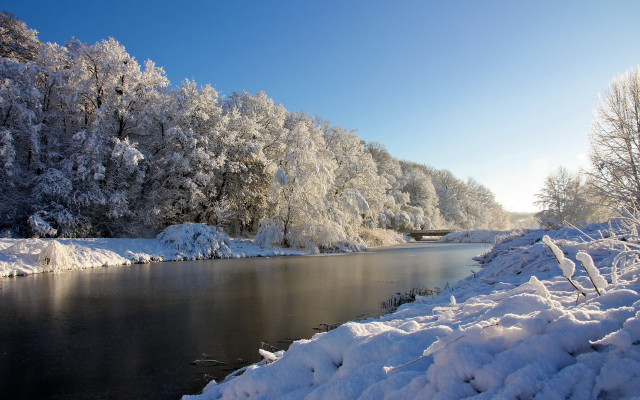 River snow trees bridge winter free wallpaper for desktop - medium preview image
