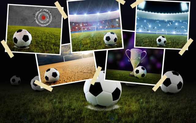 Soccer trophy stadium collage photorealistic free wallpaper for desktop - medium preview image