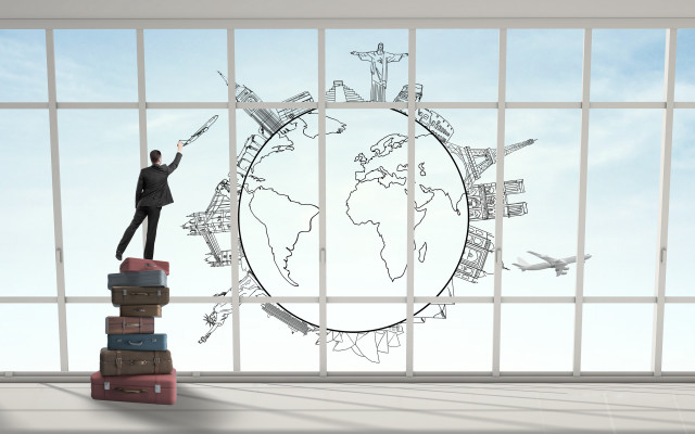 Man luggage window plane illustration free wallpaper for desktop - medium preview image