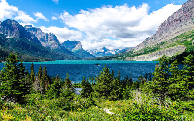 Scenic lake mountains boat trees free wallpaper for desktop - medium preview image