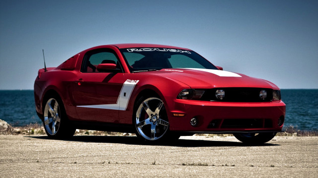 Red mustang car beach ocean free wallpaper for desktop - medium preview image