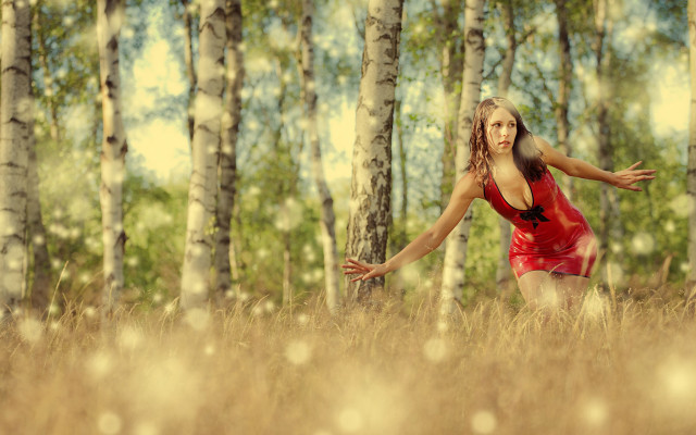 Woman red dress field outstretched free wallpaper for desktop - medium preview image