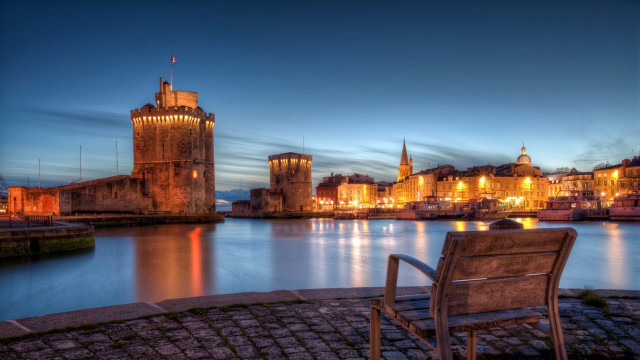 Bench stone walkway water night free wallpaper for desktop - medium preview image
