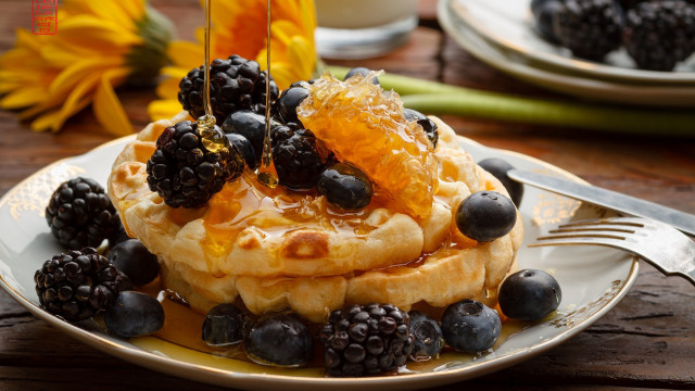 Waffles berries syrup fork orange free wallpaper for desktop - medium preview image