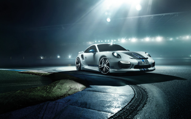 White porsche night stadium lights free wallpaper for desktop - medium preview image