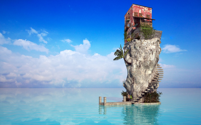 Cliffside house stairs ocean digital free wallpaper for desktop - medium preview image