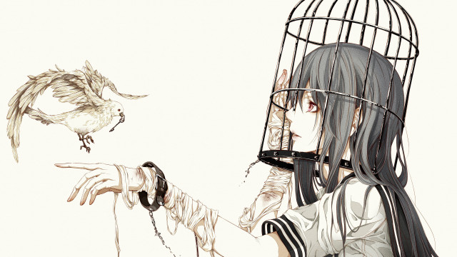 Girl bird cage anime gothic free wallpaper for desktop - medium preview image