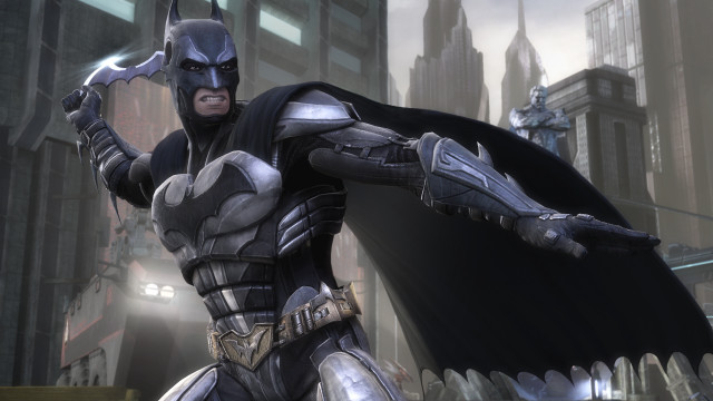 Batman suit sword city skyscrapers free wallpaper for desktop - medium preview image