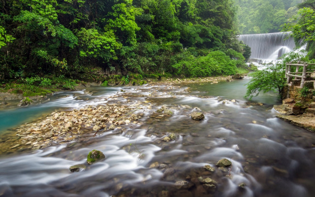 River waterfall rocks bridge nature free wallpaper for desktop - medium preview image