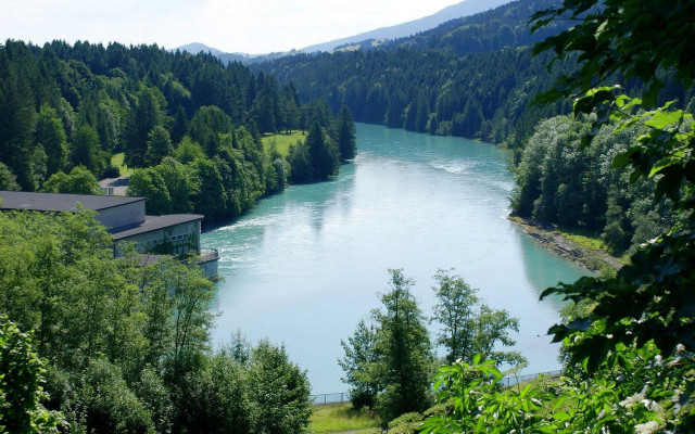 River forest hillside building scenery free wallpaper for desktop - medium preview image