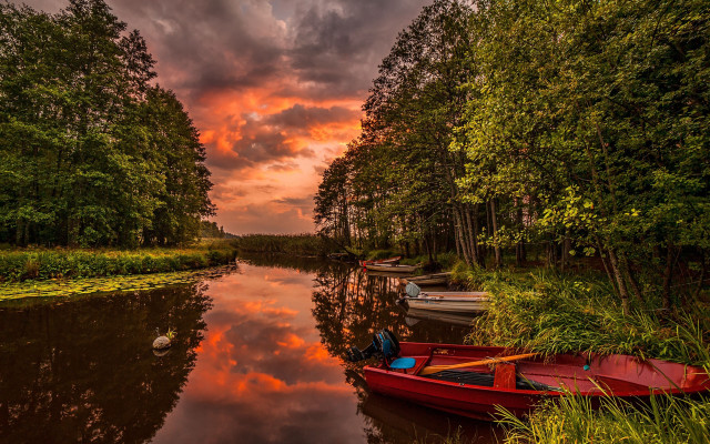 Red boat river forest cloudy free wallpaper for desktop - medium preview image