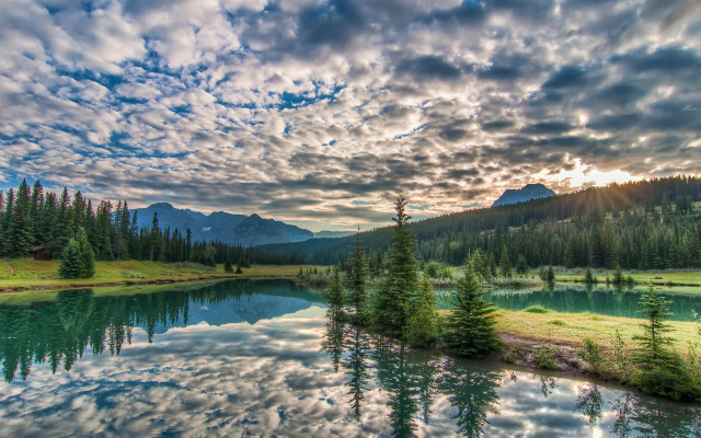 Lake mountains trees clouds sunrays free wallpaper for desktop - medium preview image