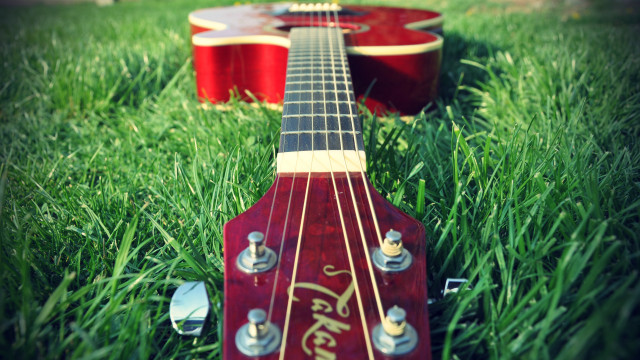 Red guitar green field folk free wallpaper for desktop - medium preview image