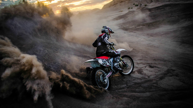 Mountain dirt bike sunset dusty free wallpaper for desktop - medium preview image