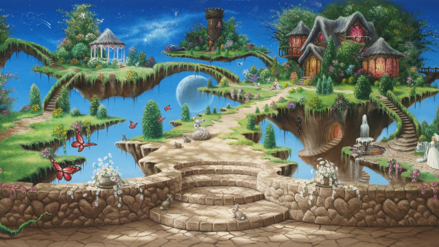 Fantasy landscape waterfall bridge castle free wallpaper for desktop - medium preview image