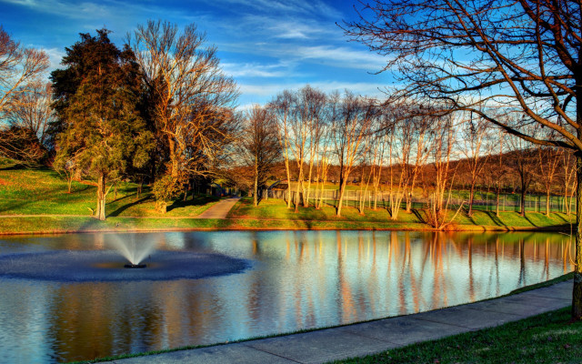 Pond fountain trees grassy hill free wallpaper for desktop - medium preview image